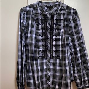 J Crew plaid button up with embroidery